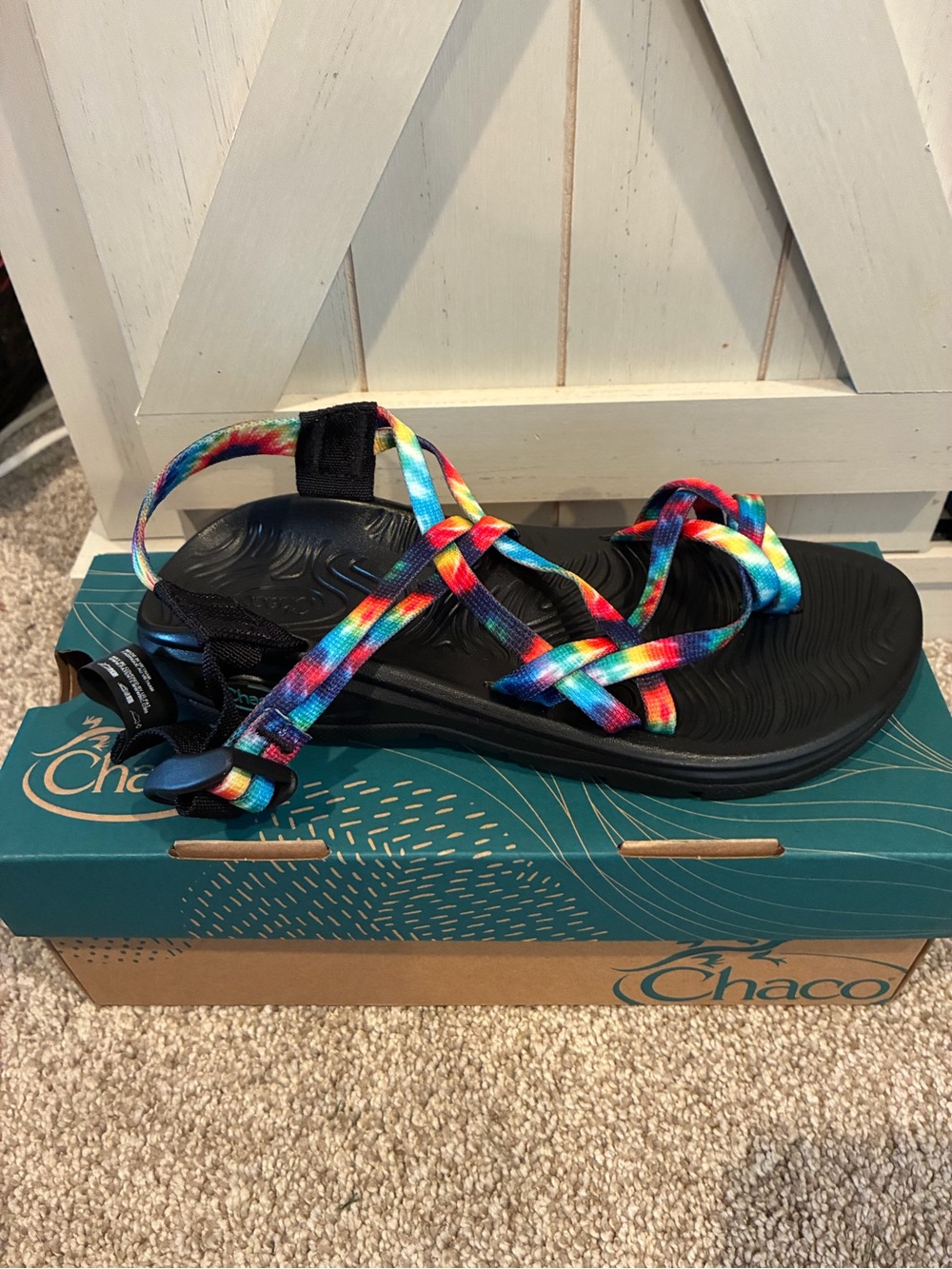 Chaco women’s Rainbow Tye Dye Strap Sandal - Black Footbed